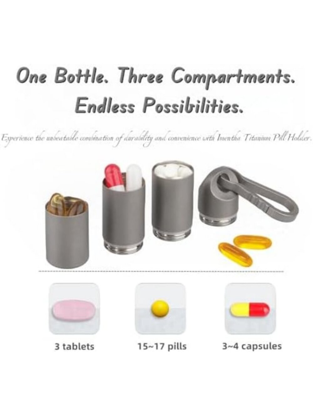 Waterproof Titanium Keychain Pill Holder - 3-Compartment Organizer, Gray - Picture 2 of 6